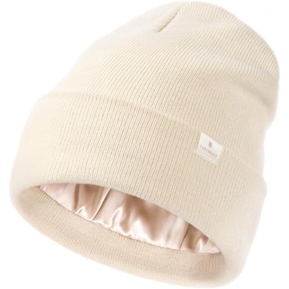 Accessories - Womens Satin Lined Knit Beanie Hat Beige